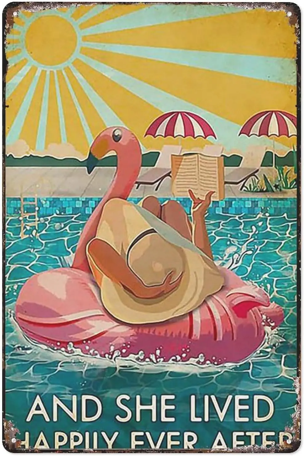 Tin Sign Metal And She Lived Happily Ever After Flamingo Swimming Poster Vintage Metal Sign Plaque Man Cave Bar Pub Club Ho