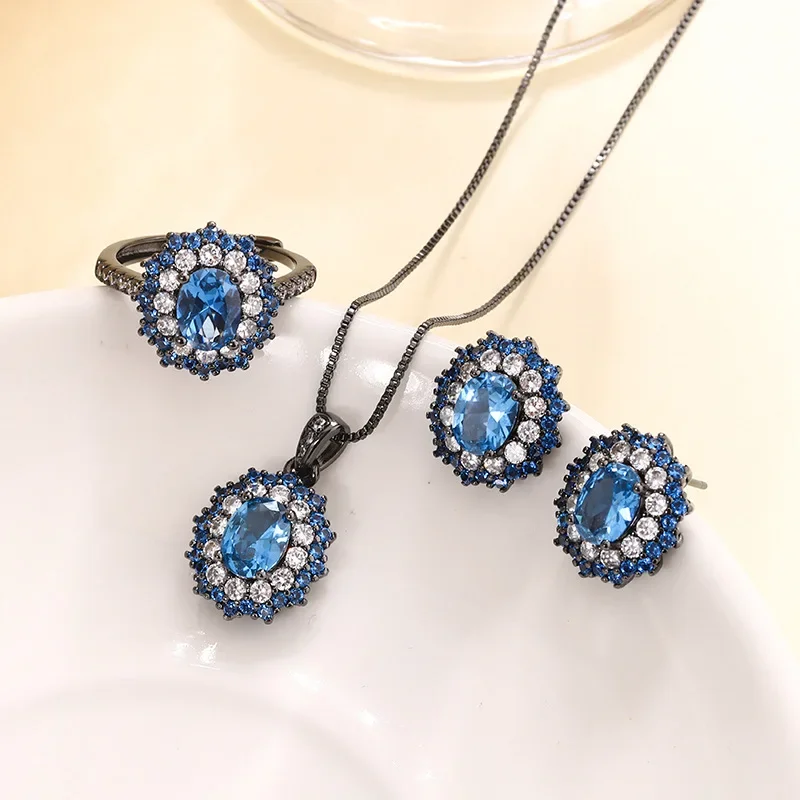 

S925 Silver Plated 18K Gold Plated PT950 Platinum Blue Spinel Oval Black Gold Set Female Main Stone 6*8 Jewelry