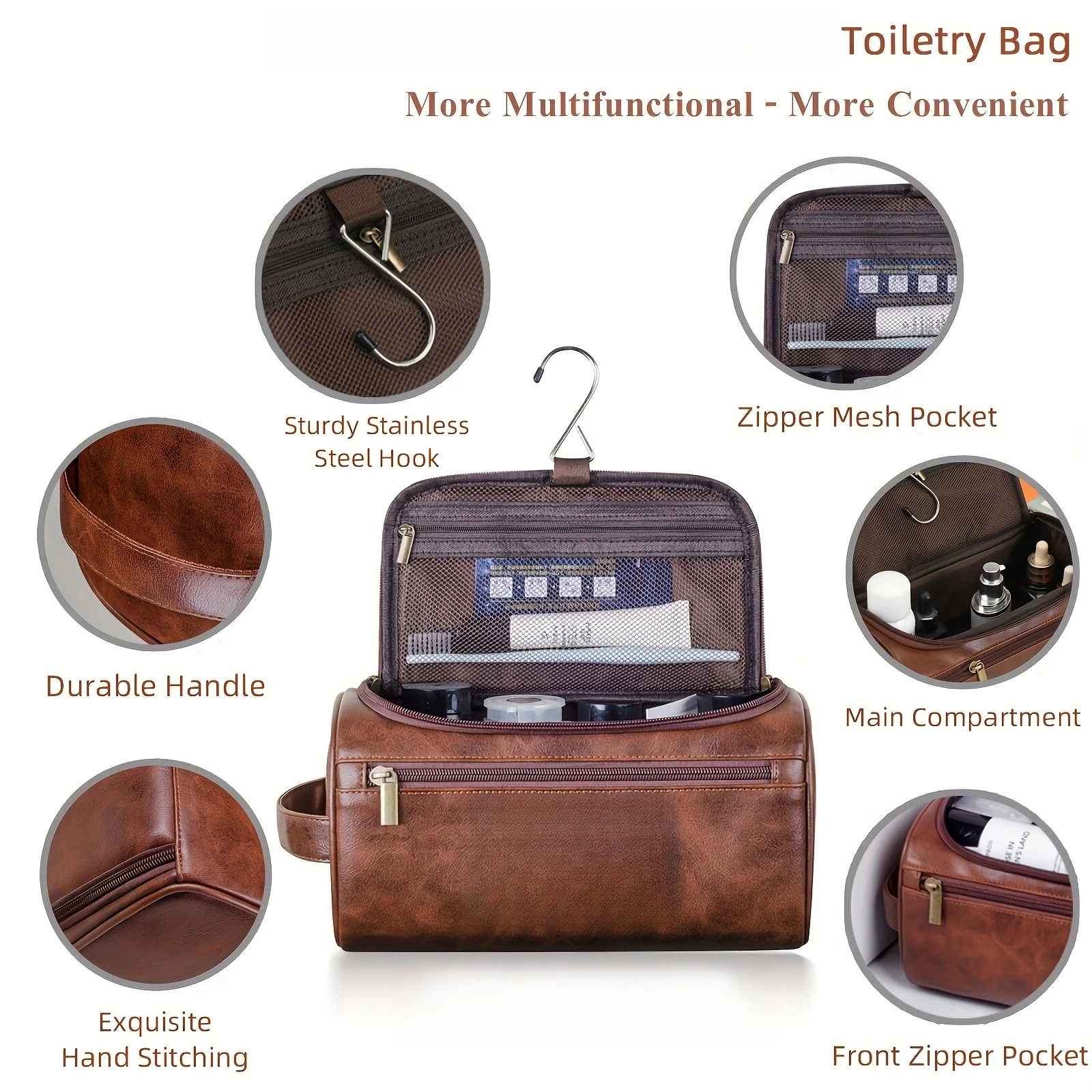 Men PU Travel Toiletry Bag Vintage Multilayer Zipper Dopp Kit Portable Handheld Shaving Wash Bag Business Trip Cosmetic Storage