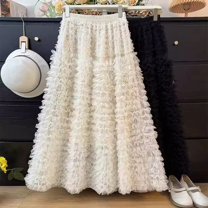 Gonna soffice in rete multistrato stile francese all'inizio della primavera con gonna a pieghe a pieghe a vita alta stile moda w1811