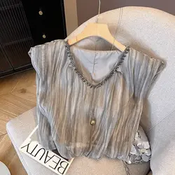 Women's Summer 2024 New Fashion Ornate Spliced Ruched Beading V-neck Solid Color Gauze Loose Sleeveless Shimmery T-shirts Tops