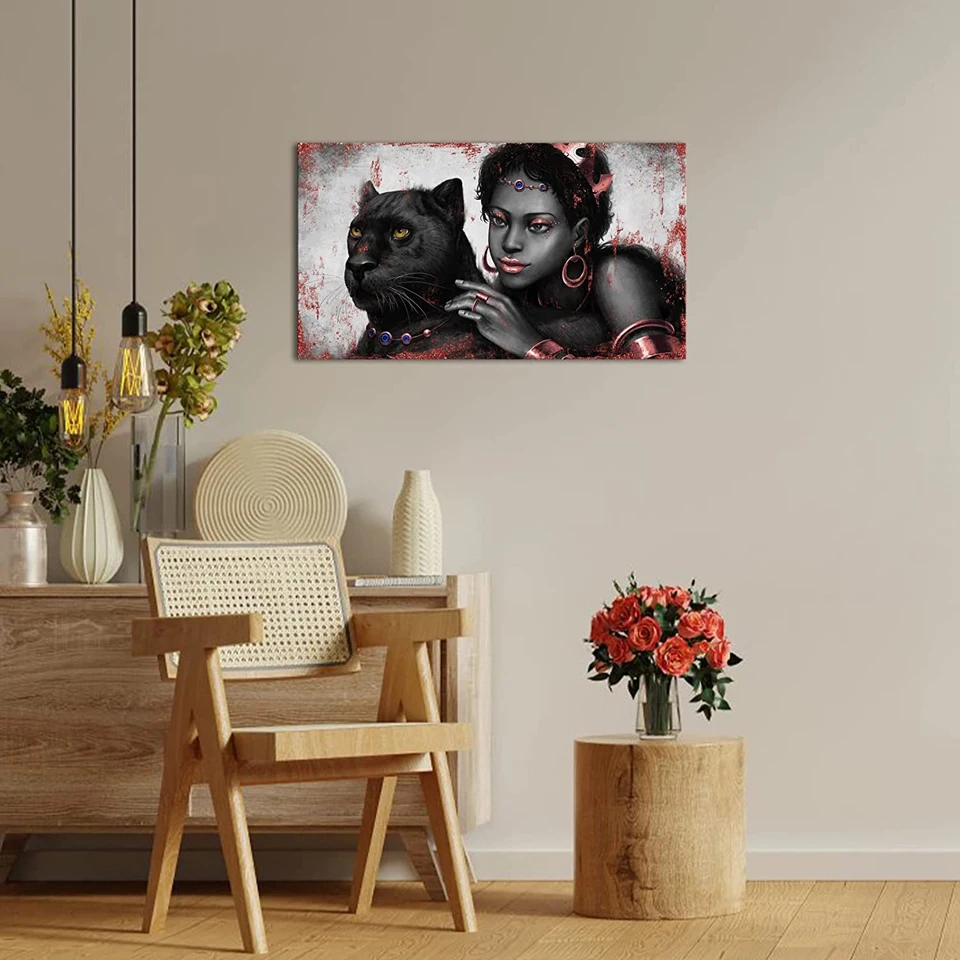 DIY African Woman With Rose Gold Pink Fashion Jewerly and Cool Black Panther Dimaond Painting For Girl Woman Bedroom Salon Home