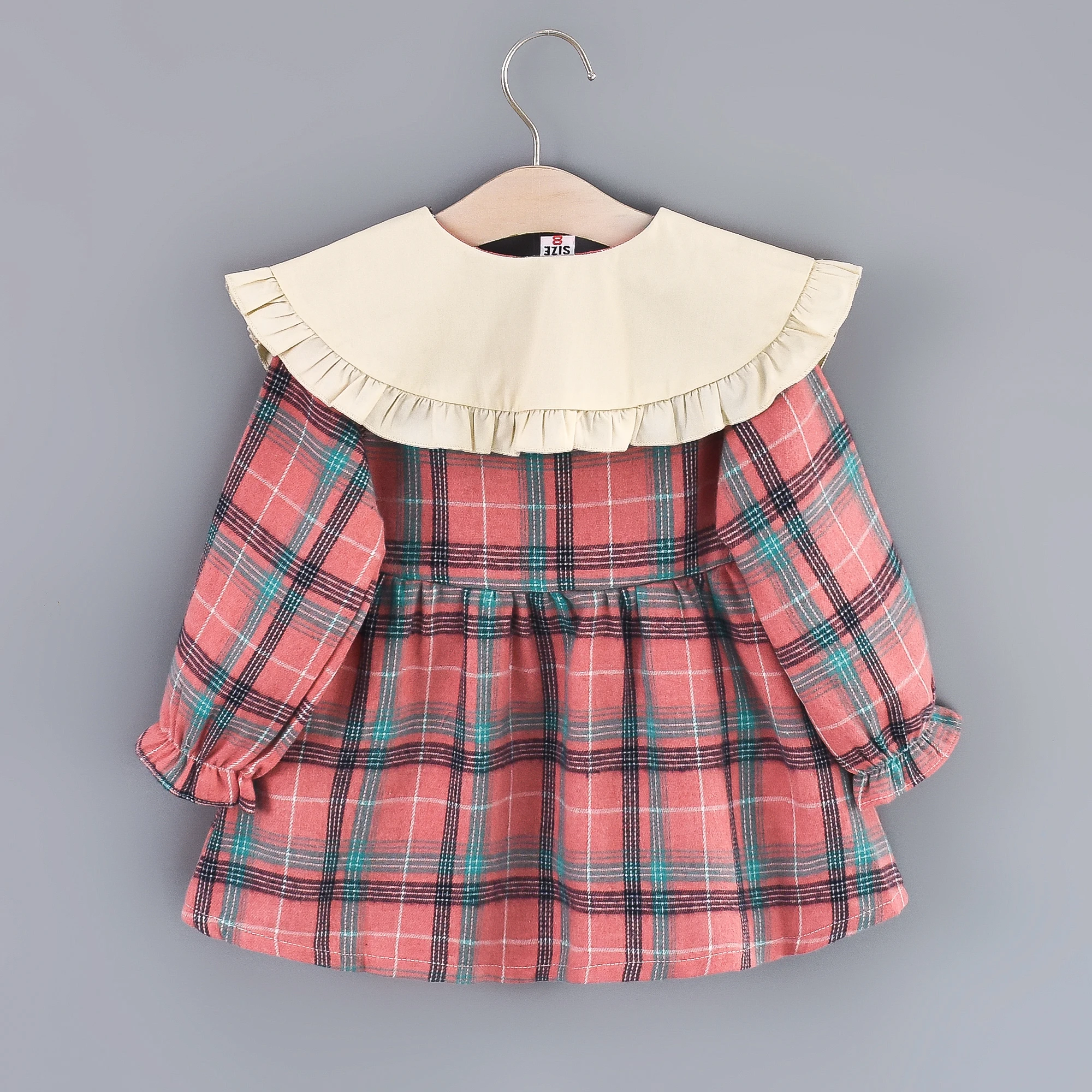 Girls\' Autumn New Long Sleeve Dress Children\'s Large Polo Neck Pleated Edge Plaid Princess Dress+Little Rabbit Jewelry Bag