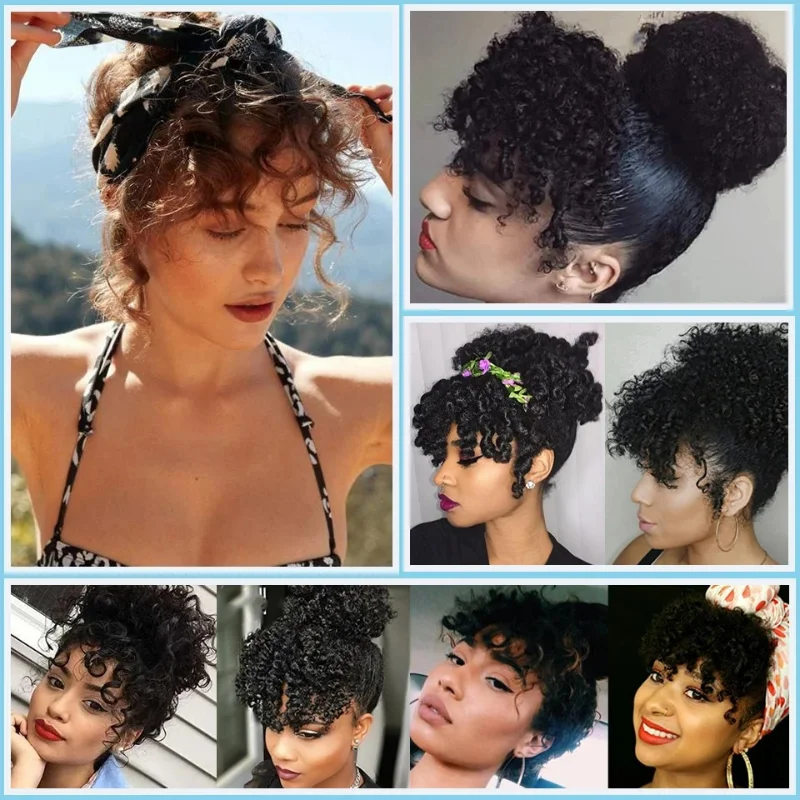 Afro Curly Bangs peruca para mulheres, preto, branco, franja falsa, clipes, natural, acessórios de cabelo sintéticos