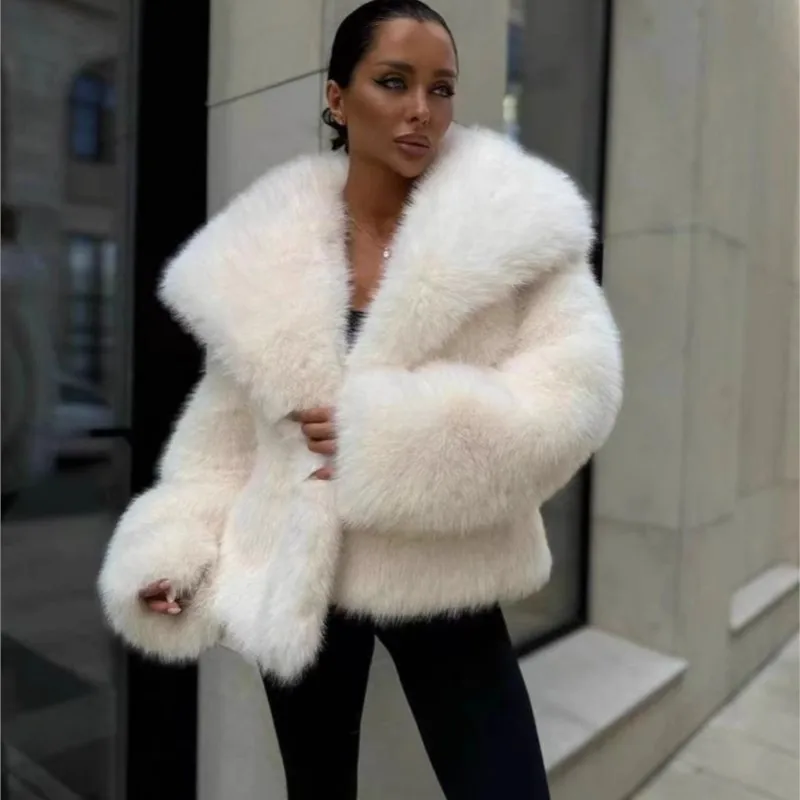 Women Faux Fur Short Coat  Elegant  Turn Down  Long Sleeve Outerwear Thick Warm Winter Fashion Outerwear Party Streetwear Jacket