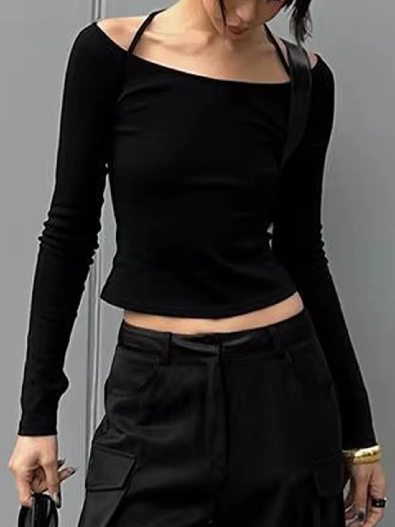 تي شيرت برقبة واحدة مكشوفة الأكتاف على شكل عظمة الترقوة، تي شيرت بناتي حلو وحار بأكمام طويلة، قميص أساسي ضيق مثير #2