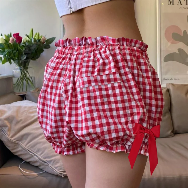 Women Red and White Plaid Bloomer Shorts Vintage Y2k Gingham Shorts Elastic Waist Bowknots Sweet Girl Lolita Pettipants