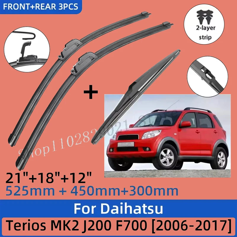 

3PCS Front Rear Wiper Blades 21"+18"+12", Windshield Windscreen Replacement Accessories For Daihatsu Terios MK2 J200 F700 06-17