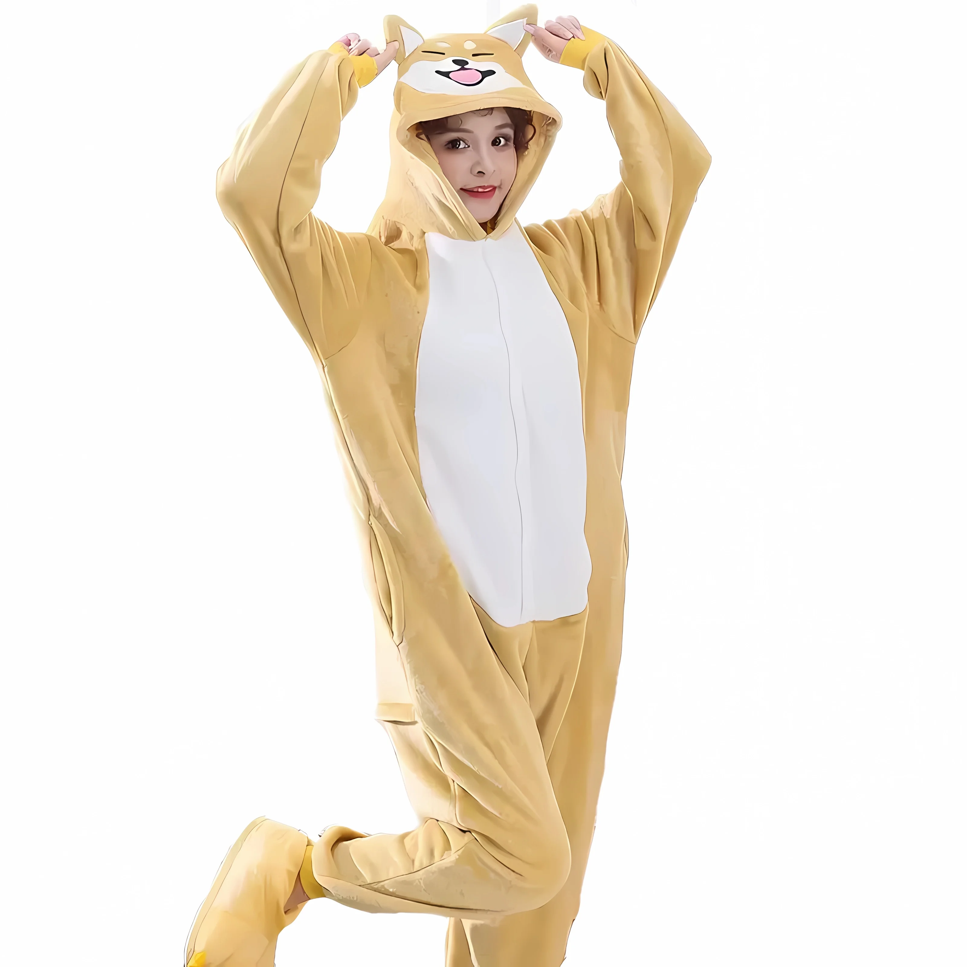 

HKSNG Kigurumi Akita Dog Onesie Women Girl Cute Anima Winterl Cartoon Yellow Dog Overall Winter Warm Soft Flannel Suit Kigu