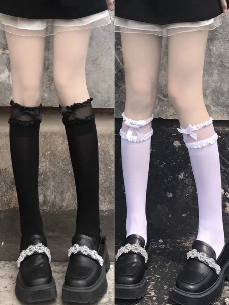 Bas d'uniforme de Cosplay Anime JK, chaussettes hautes en dentelle à bord ébouriffé pour femmes, chaussettes à nœud de couleur unie Preppy de Style japonais