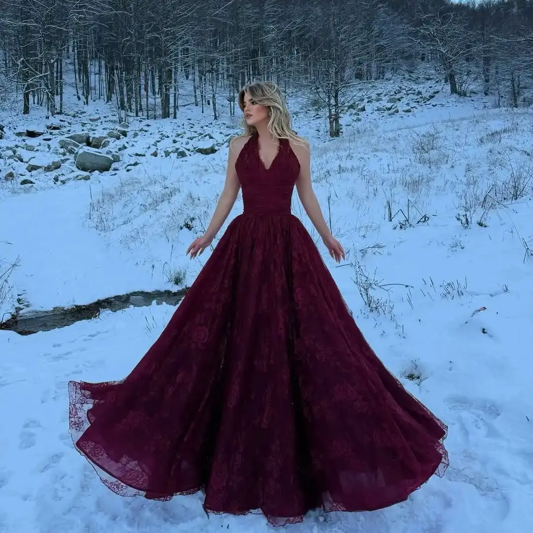 Neues romantisches Rüschen-Neckholder-Kleid mit V-Ausschnitt, Spitze, verziertem Tüll, hohem Schlitz, drapierte Stickerei, A-Linie, Abendkleid, Abschlussball, formelles Partykleid