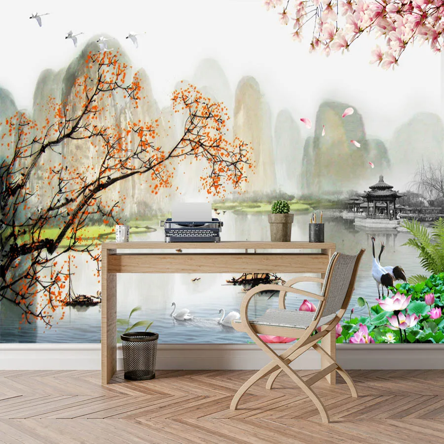 Modern Self Adhesive Optional Custom Lake Willow Nature Wallpapers for Living Room Bedroom Prints TV Walls Paperd Mural Paisagem