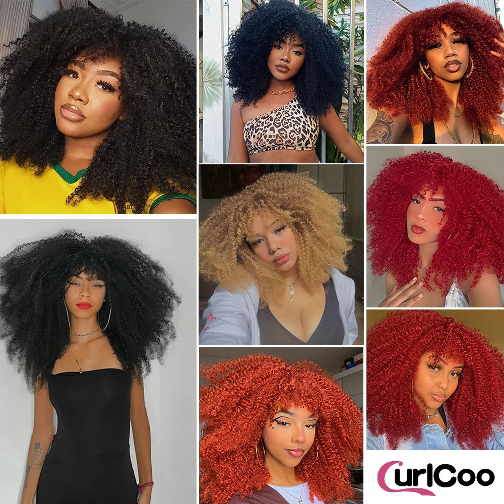 Peruca Encaracolada Afro Kinky Preto para Marrom com Franja para Mulheres Negras, Fibra Sintética Cosplay Cabelo, 18"