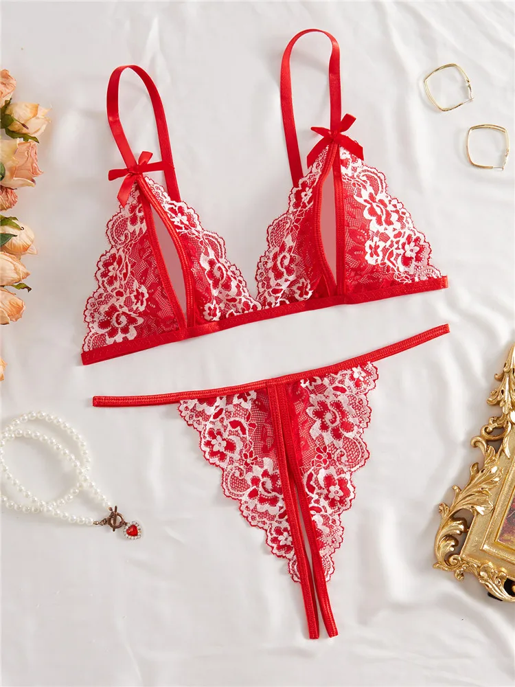 

Сексуальный комплект нижнего белья с треугольной чашкой, бюстгальтер, короткий кружевной романтический комплект нижнего белья, стринги, женский черный, красный, прозрачный модный экзотический комплект