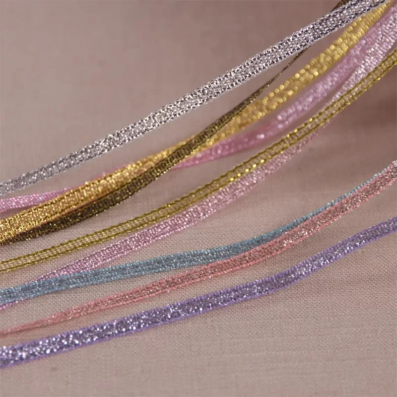 10meters/lot 3mm Gold Silver Metallic Glitter Ribbon Gift Packing Belt Wedding Party Christmas Embellishment Sewing Supplies