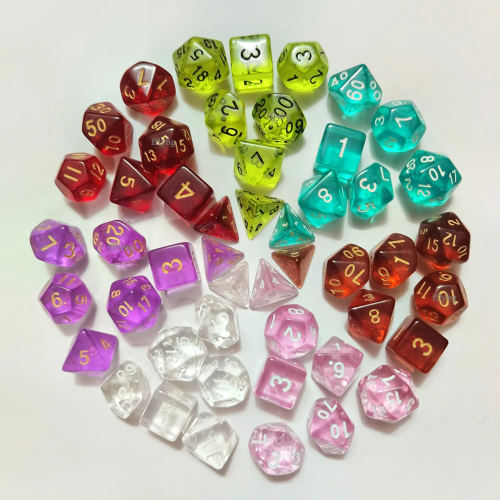 7Pcs/Set DND Dice Transparent D4 D6 D8 D10 D12 D20 Polyhedral Effect for RPG Role Playing Table Games Board Game with Pouch