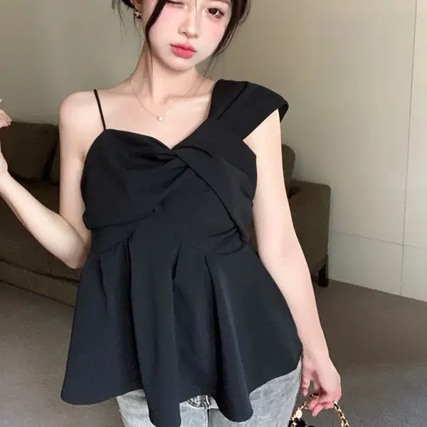 Irregular Off Shoulder Camisole Shirt Temperament Sleeveless Short Top Blusas Mujer Sexy Blouse White Tanks