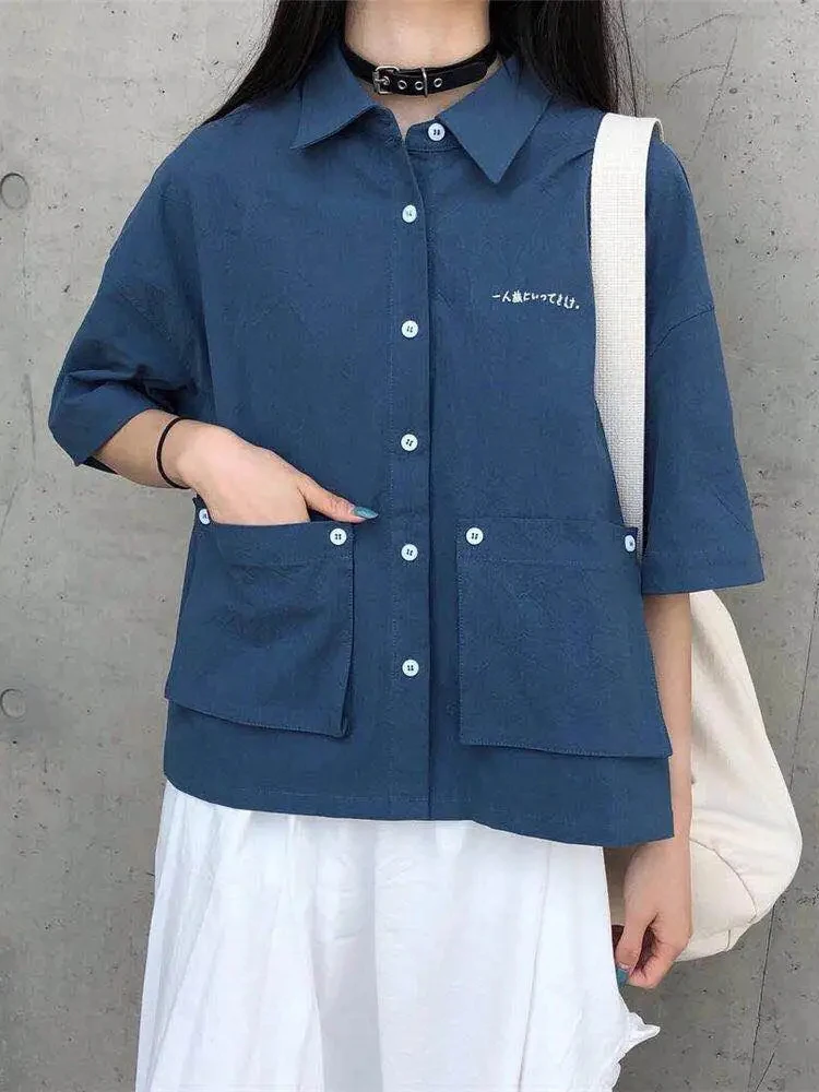 

Jmprs Harajuku Retro Y2K Cargo Shirt Women Letter Casual Loose Blouse Summer Preppy Style Simple Korean Pockets Bf Vintage Tops