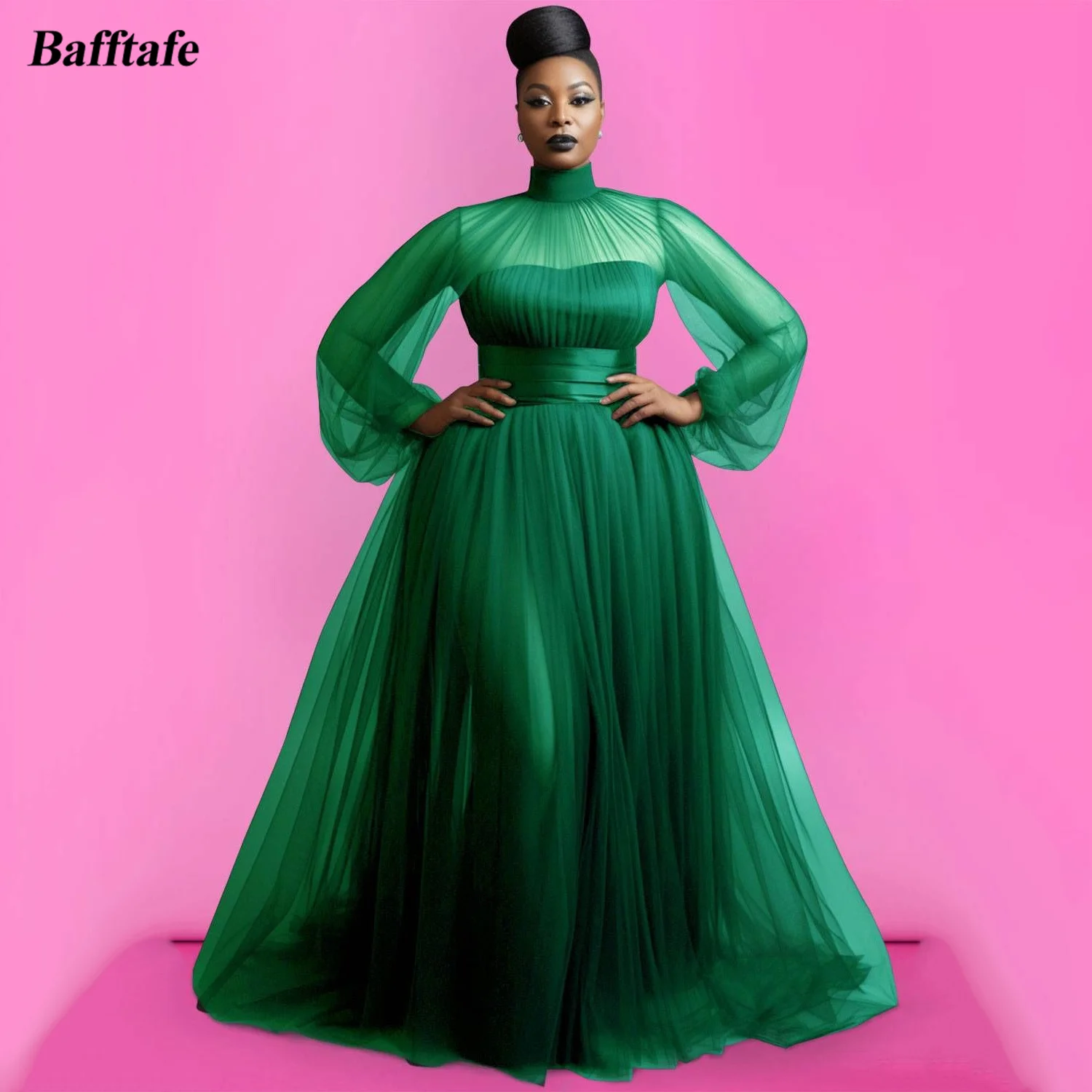 Bafftafe Green Customized Tulle Women Prom Dresses High Neck Long Sleeves Formal Occasion Wedding Party Dress Evening Gowns