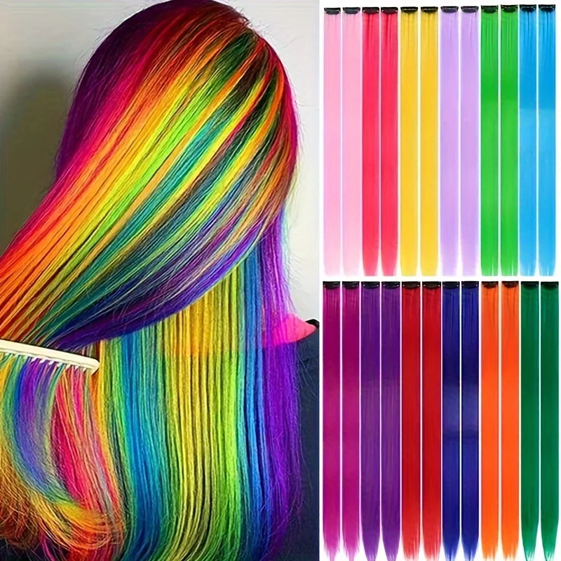24Pcs/lot Clip in Hair Extensions Multi-Colors Highlights Synthetic Hair 22 inch Rainbow Hairpieces for Girls Women Kids