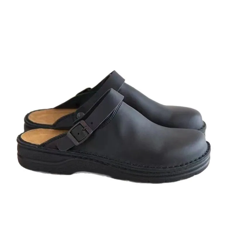Men's Casual Leather Clogs Adjustable Buckle Strap Slip-On Mules Thick Sole Wedge EU 48 Backless Sandals Slippers for Outdoor