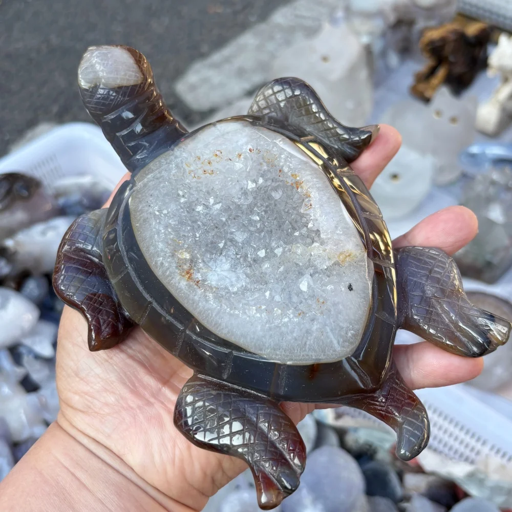 Natural Agate Geode Hand Carved Sea Turtle Figurine Quartz Crystal Tortoise Statue Reiki Healing Home Feng Shui Decor Gift