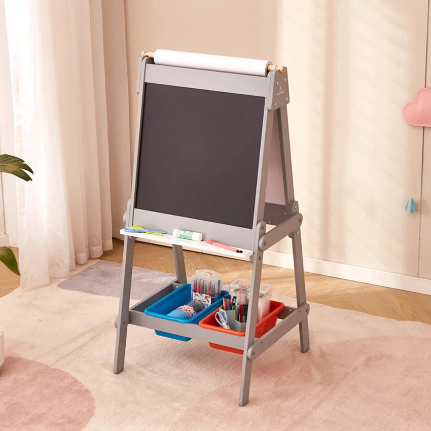 Learning Toy Kids Double Sided Magnetic Adjustable Wooden Drawing Board with Paper Roll DIY