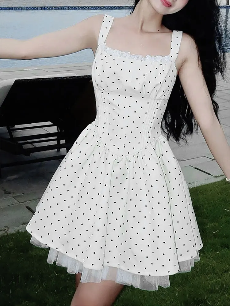 女性 A ラインドレス夏の新しいストリートファッションドットプリントタンクスリーブレースアップドレスカジュアルスリムセクシーな女性の背中の開いたドレス