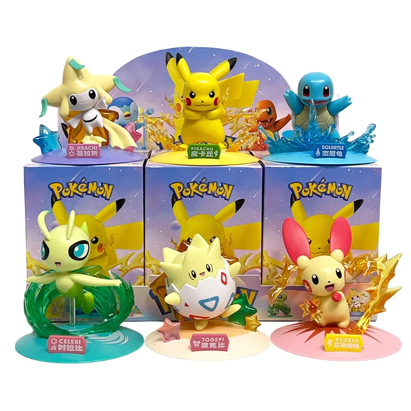 Juego de 6 uds de juguetes de caja ciega de Pokémon, figura de acción de monstruo de bolsillo de 8cm, Pikachu Charmander Squirtle Bulbasaur Piplup Celebi, modelo de decoración