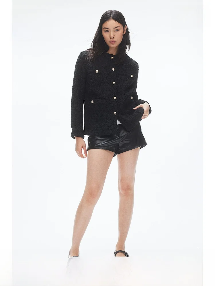 H&M Feminino Slim Fit Tecido Jaet redondo Ne Fce Forrado Botão de Metal Or Casacos 2524 Casaco de Outono Faionable