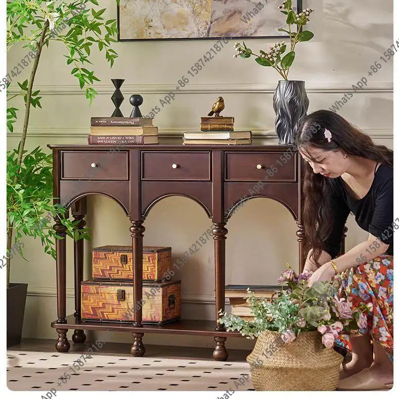 

French retro solid wood porch cabinet, living room entry medieval decorative cabinet, modern simple against the wall fashion