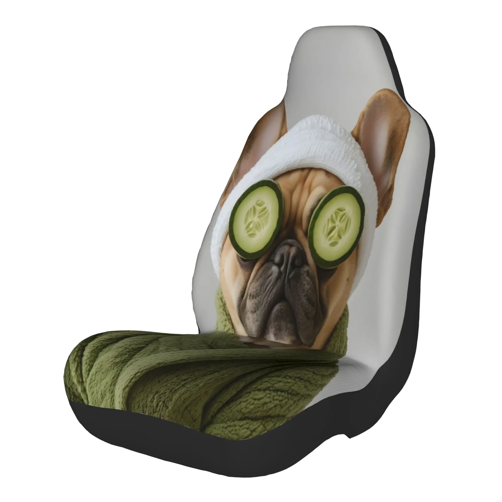 2pcs French Bulldog With Cucumber Slices On Eyes And Green Bathrobe, Spa Day VibeCar Seat Covers, Suitable For All Vehicles, Chr