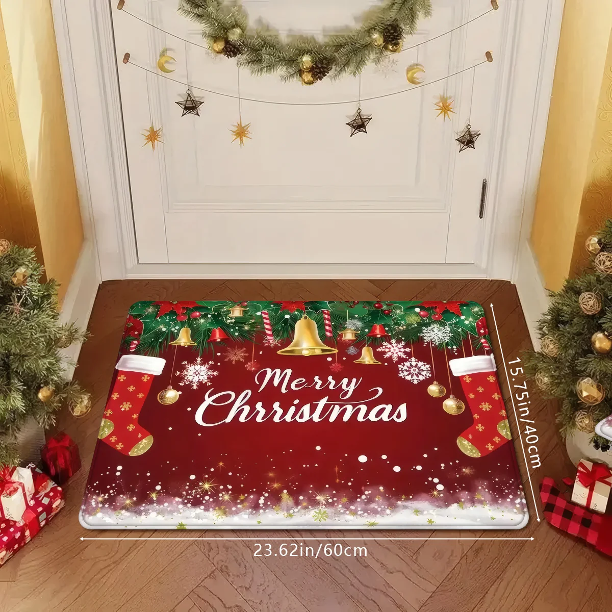 1pc Christmas Decorative Doormat, Red Xmas Tree Bell Pattern Non-Slip Entrance Mat for Indoor Outdoor Use - Soft Absorbent Bathr