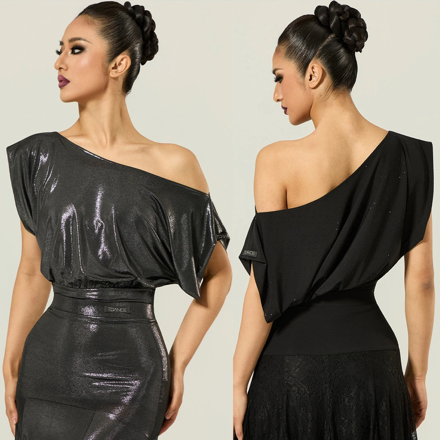 

Женские топы для латиноамериканских танцев с асимметричным плечом и коротким рукавом, черные, для румбы и бальных танцев, коллекция Лето 2026, модель SS1979