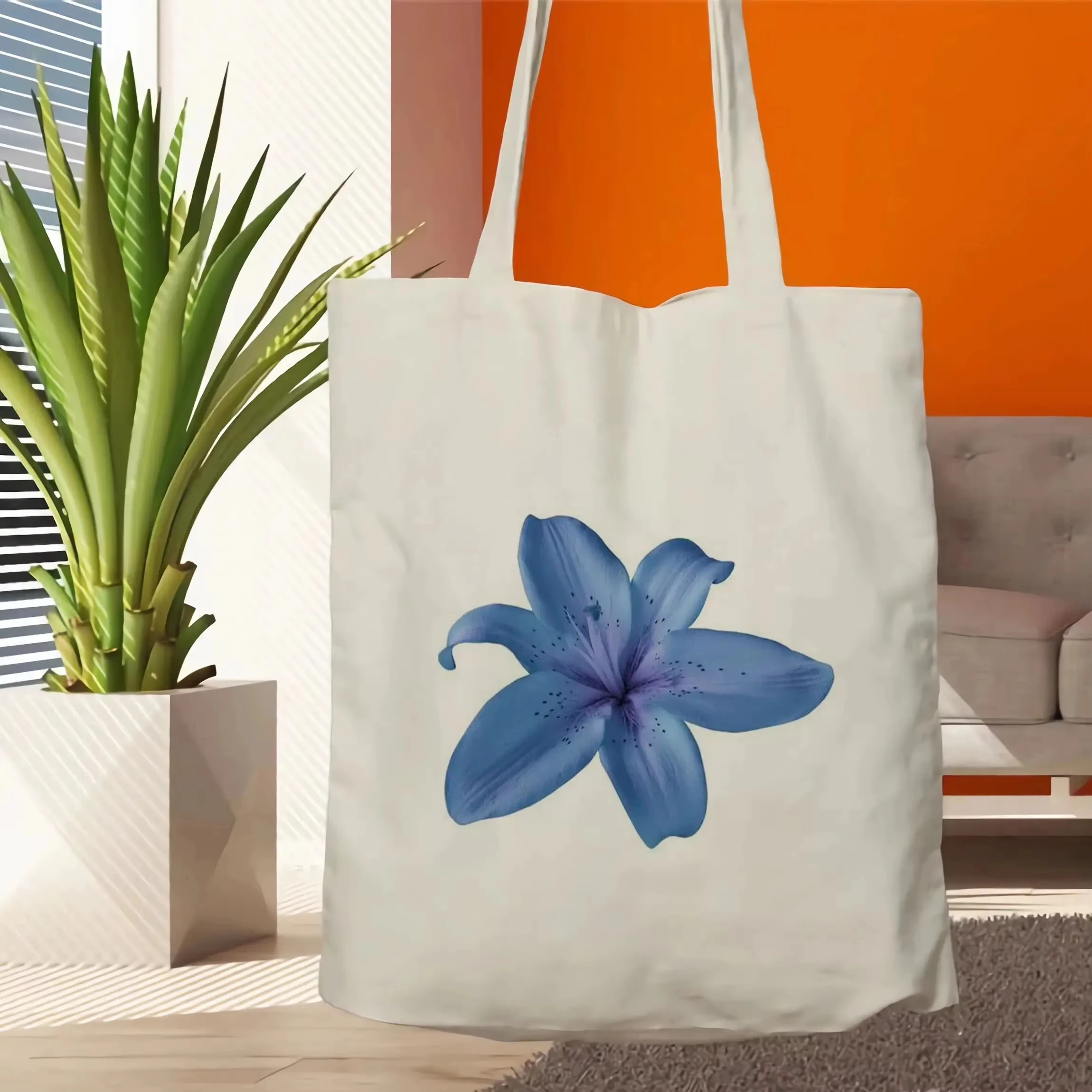 

A Blue lily printed canvas tote bag, suitable for daily use, shopping, school, and travel