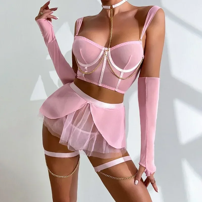 

Woman Sexy Lingerie Cute Underwear Lace See-through Tops and Gauze Skirt Chain Tie Gloves 4 Pieces Sets Exotic Costume Nightwear