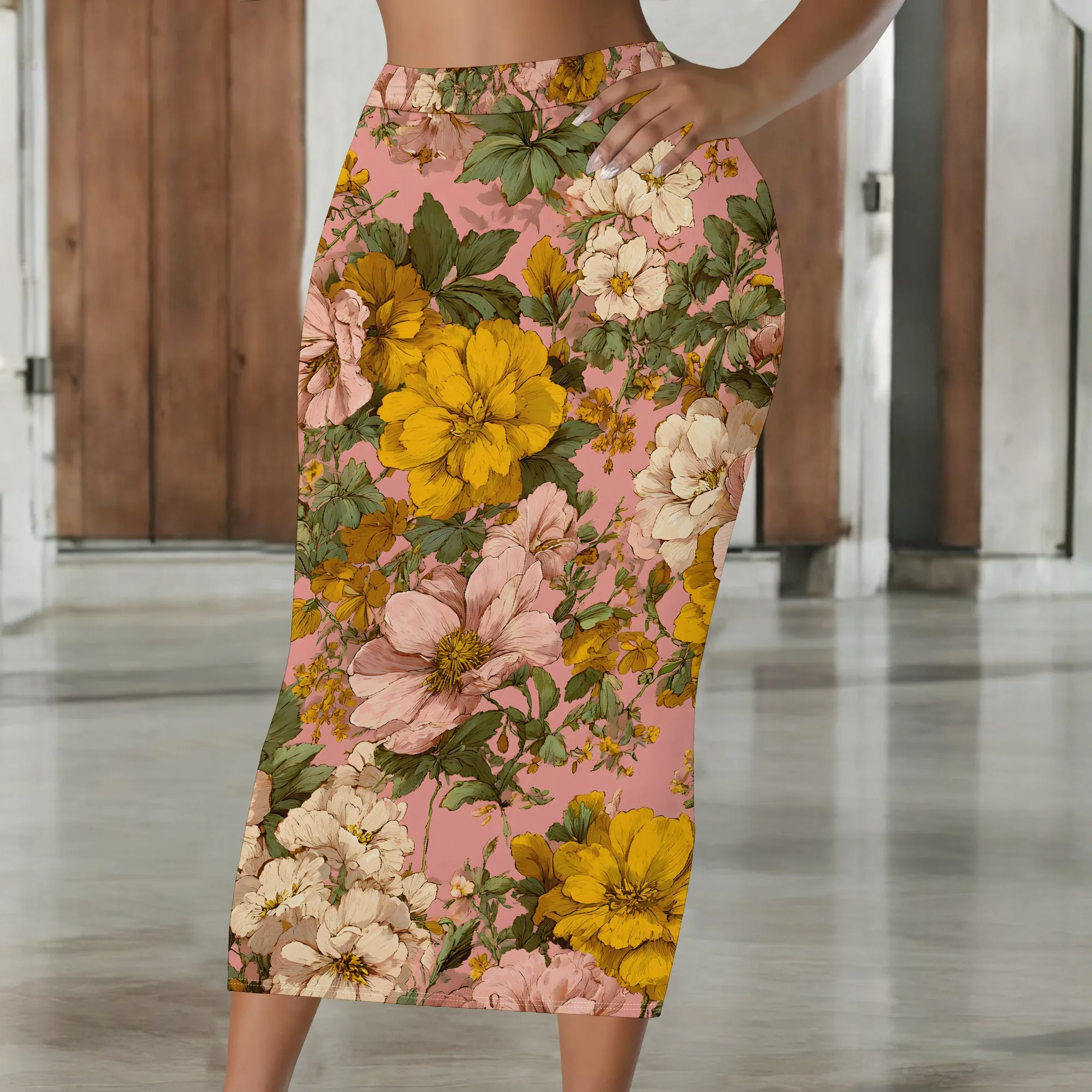 Vintage Floral Pencil Skirt, Retro Print Midi Skirt, Elastic Waist Bodycon Skirt, Summer Office Wear for Women, S-2XL