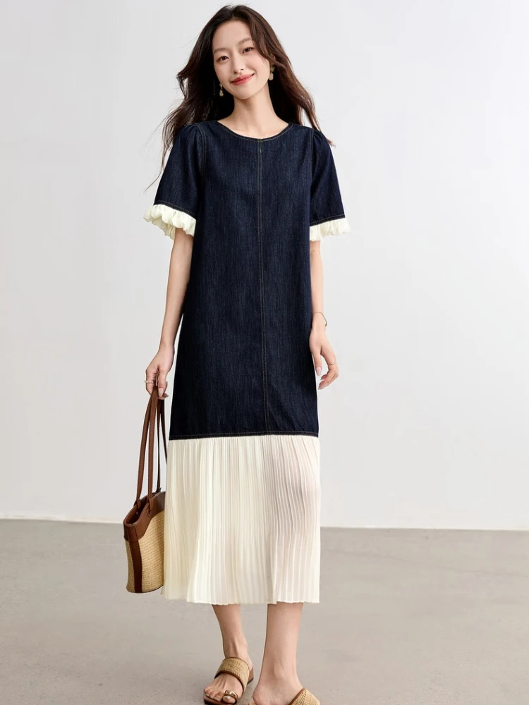 

SENTUBILA Denim Long Dress Vintage 2025 Summer Patchwork 2 in 1 Chiffon Crew Neck Dresses A-line Loose Female Dress W52LH2294