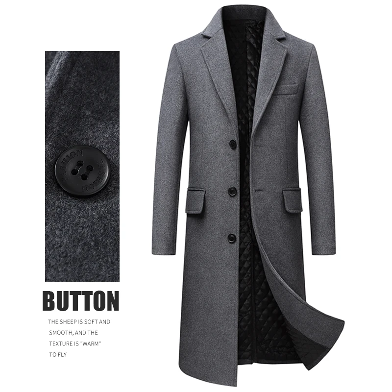 Fashion Casual Jackets Mens Thick Wool Trench Warm Cardigans Blends Coat Windbreaker Solid Mens X-Long Thick Woolen Coats