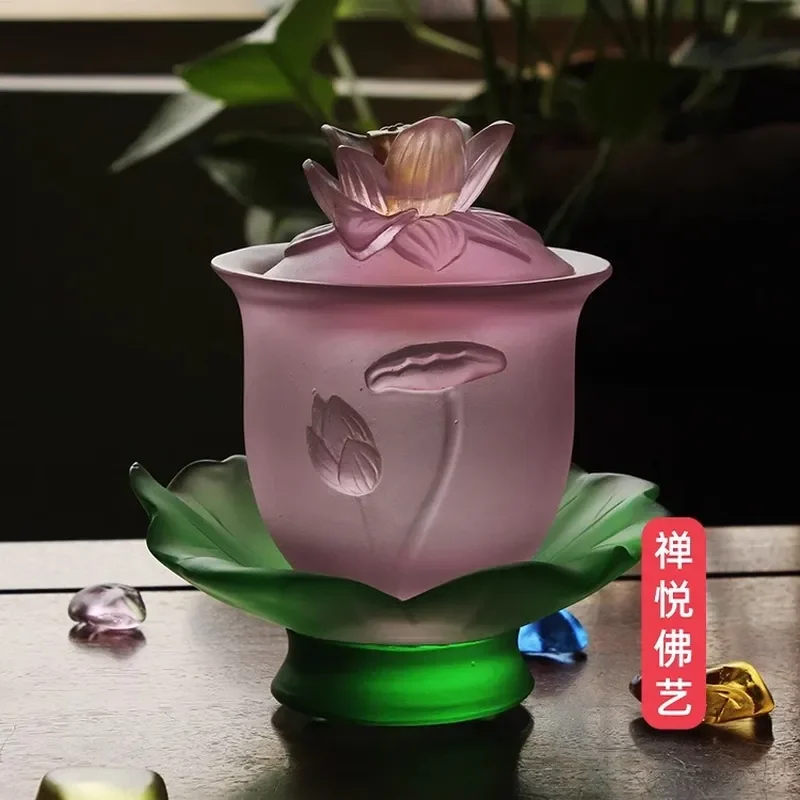 Chan Yue Glazed Buddha Art Relief Gold Painted Lotus Leaf Holy Water Cup Ornament for Home Decor Offering Supplies Buddhist