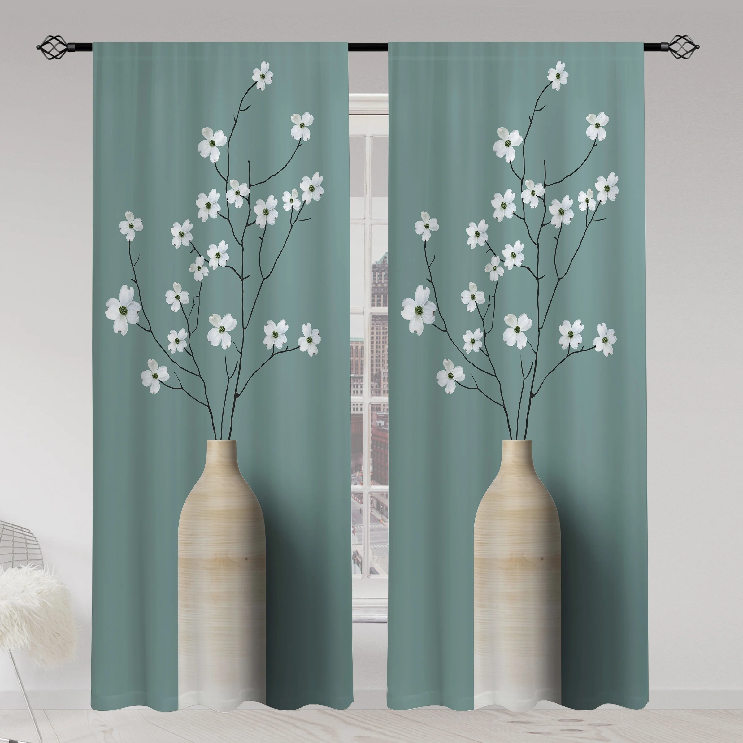 2pcs Blue Bottom White Vase Printed Translucent Curtains Living Room Game Room Bedroom Multi-scene Rod Pocket Decorative Curtain