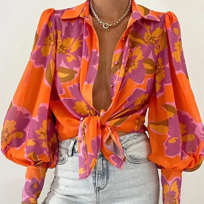 Fashion Lapel Lantern Sleeve Blouses 2023 Spring Office Lady Vintage Floral Print Shirts Tops Button Up Long Sleeve Shirt 21620