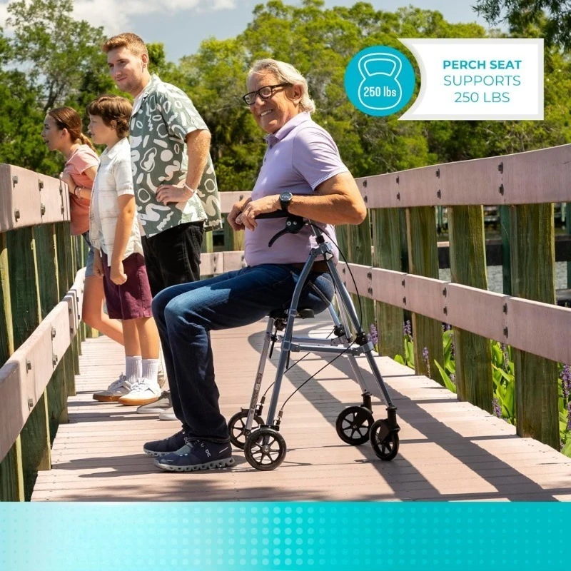 Opvouwbare rollator met zitting en rugleuning, 4 wielen, vergrendelingsremmen, lichtgewicht mobiliteitshulpmiddel voor senioren, volwassenen, blauw