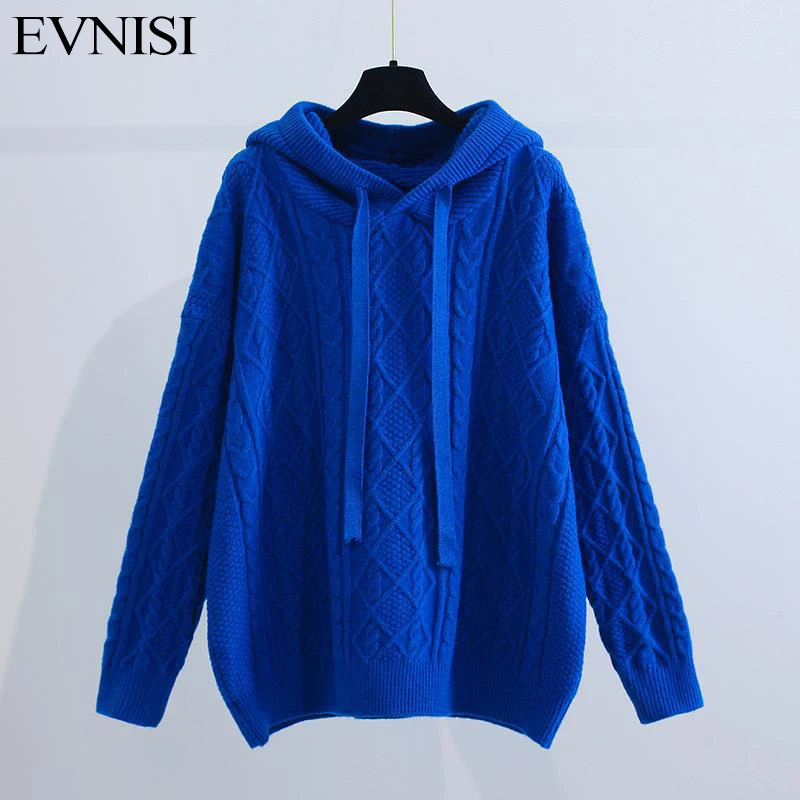 EVNISI Autumn Women Thickening Hooded Loose Sweater Pullover Knitting Long Sleeve Jumpers For Women Cashmere Sweater Winter