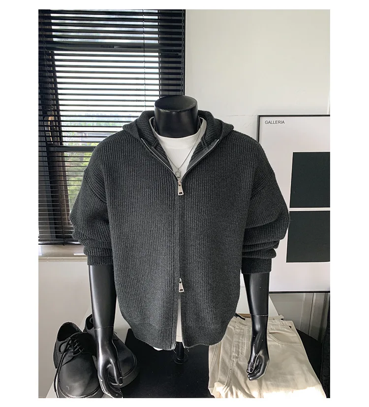 2026 New Autumn Winter Simple Solid Color Knitted Hoodie Men Japan Korean Fashion Casual Loose Double Zipper Hooded Jacket