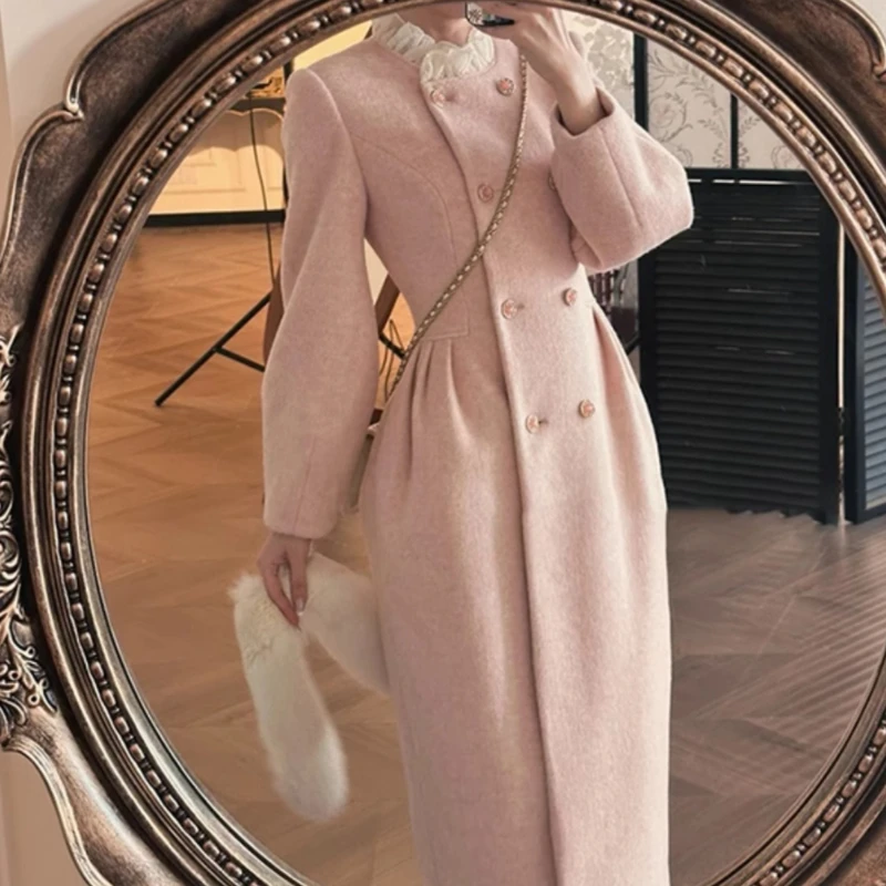 French Style Women High Waisted Slim Lace Patchwork Wool Long Coat  Woman Sweet Ladies Wool Coats