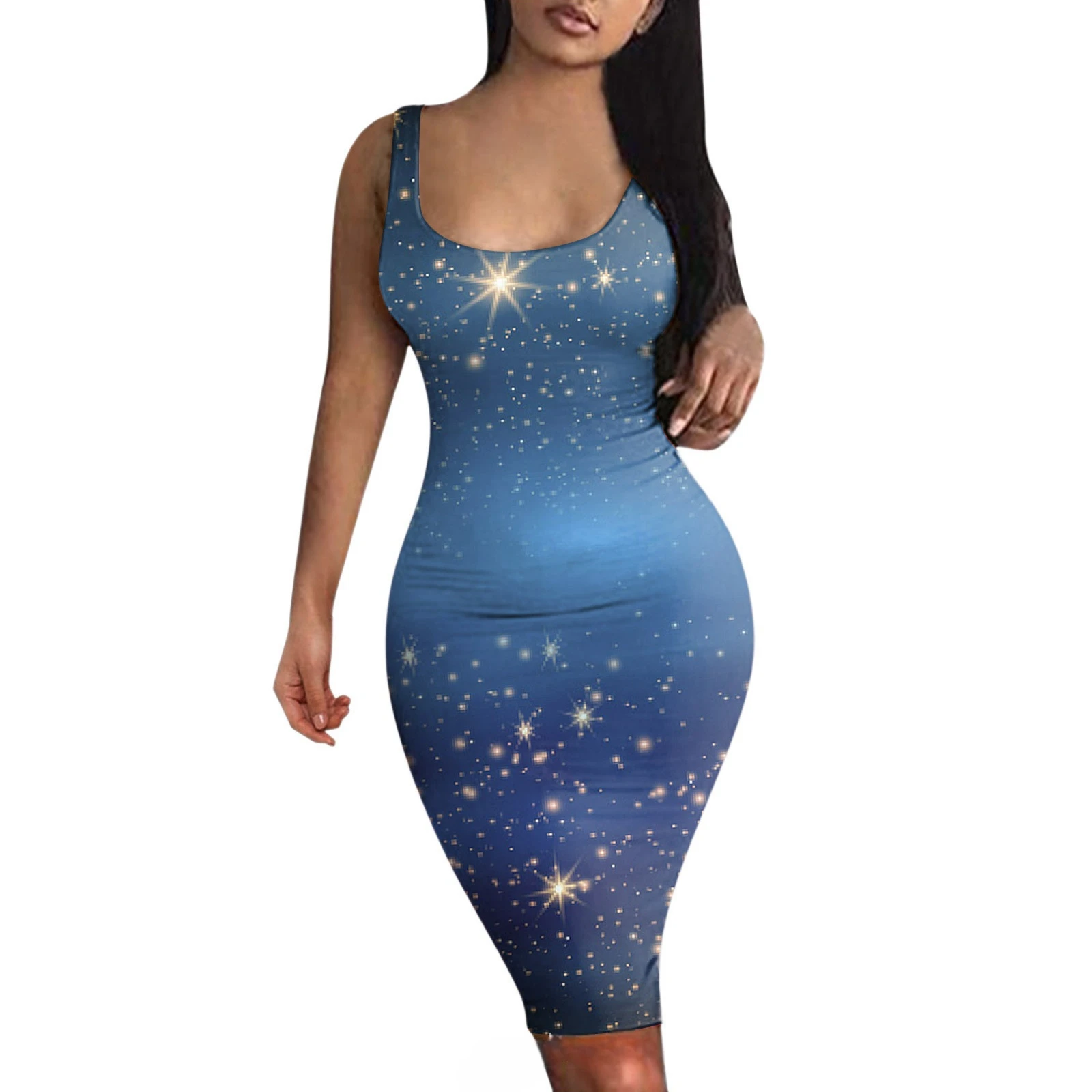 Sexy Ladies Stars Twinkle Pattern Print Crew Neck Sleeveless Sheath Dress Party Girls Casual Dress