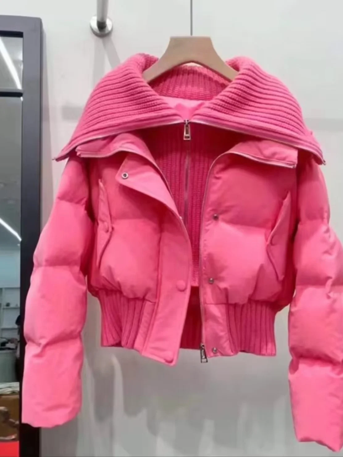 

Thiened ort Cotton Jaet Women's Winter High Waist Knitted Patchwork down Cotton Coat Coat Long Sve Double Breasted