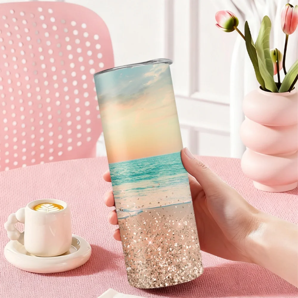 1pc 20oz straw water bottle, insulated stainless steel water cup with sunset beach gold glitter pattern.