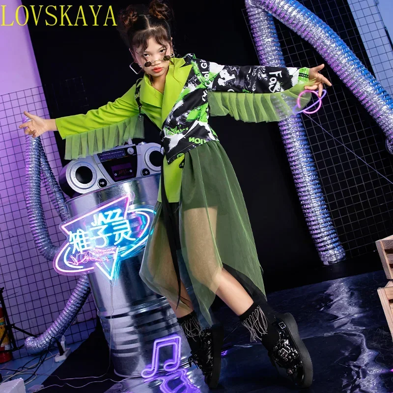 

New Children's Dance Hall Street Dance Clothing Green Dress Mesh Tail Dress Set Girl Jazz Dance Performance Clothing